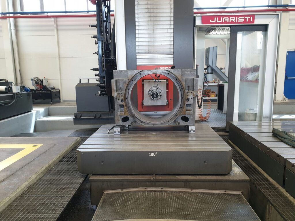 Bearing housing aligned and prepared for machining of bore to final dimensions on our CNC boring machine