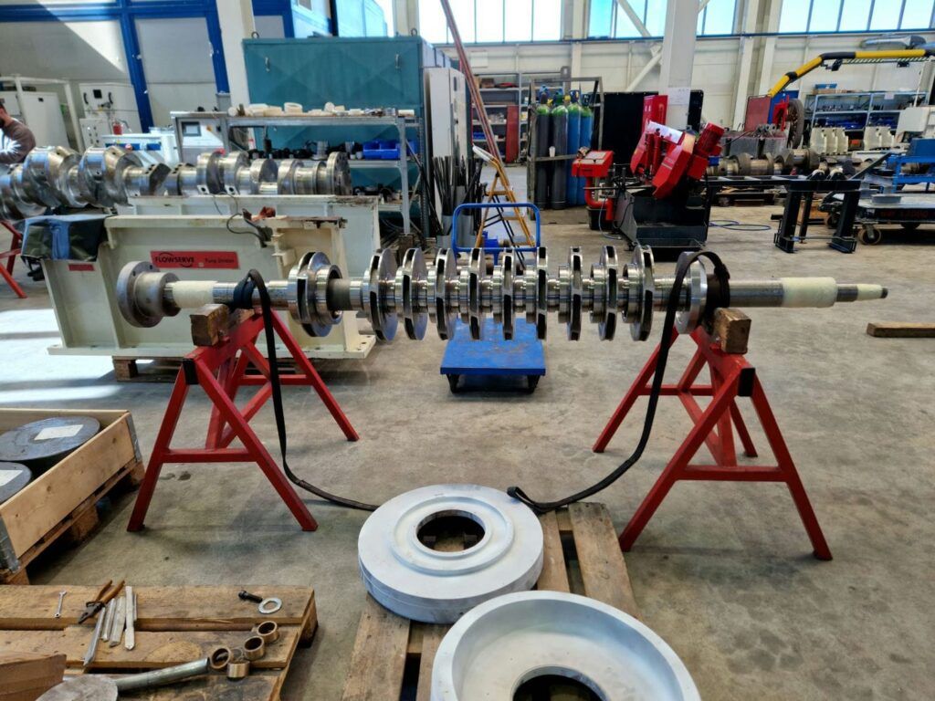 High pressure pump shaft fitted with new impellers and balanced as a complete unit